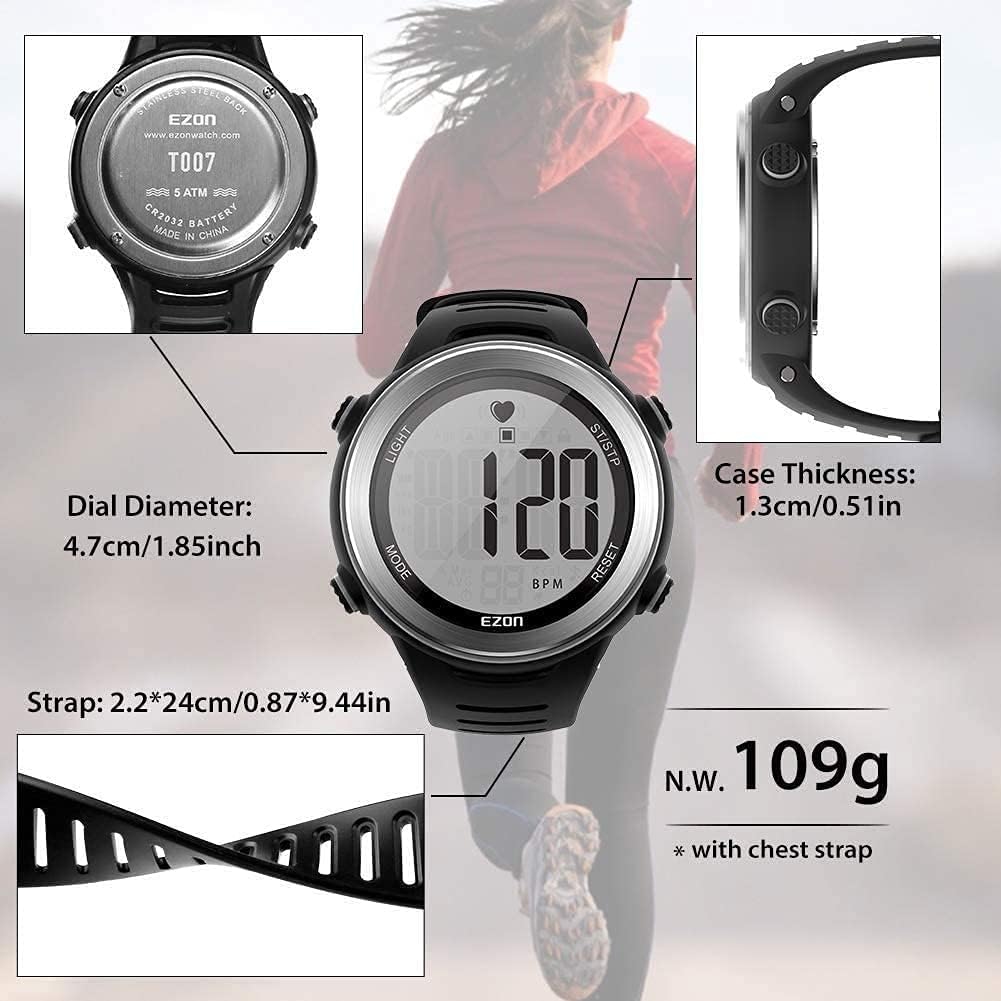 EZON T007 Heart Rate Monitor Watch | Chest Strap HRM | Waterproof Fitness Tracker with Stopwatch & Hourly Chime