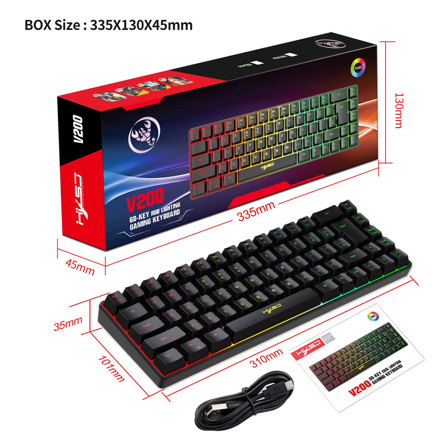 HXSJ V200 Wired K68 RGB Streamer Mini Gaming Keyboard 19-Key Conflict-Free Membrane Keyboard but Mechanical Feel for Game/Office
