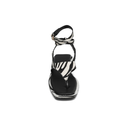 Women's Zebra Print Calf Hair Flat Sandals, Handmade Leather Thong Ankle Strap Shoes