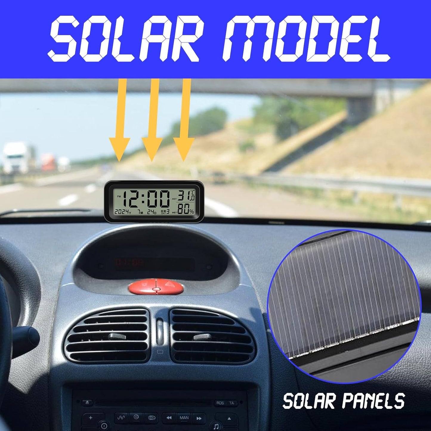 Car Digital Clock – Rechargeable Dashboard Clock with Time, Date, Temperature & Humidity Display – for Cars & Trucks