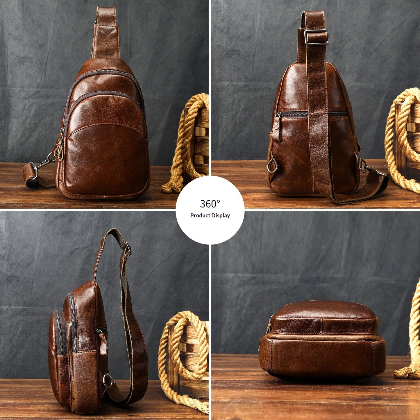 Mens Full-Grain Shoulder Casual Minimalist Chest Bag Large Capacity Genuine Leather