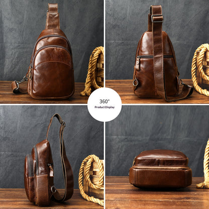 Mens Full-Grain Shoulder Casual Minimalist Chest Bag Large Capacity Genuine Leather