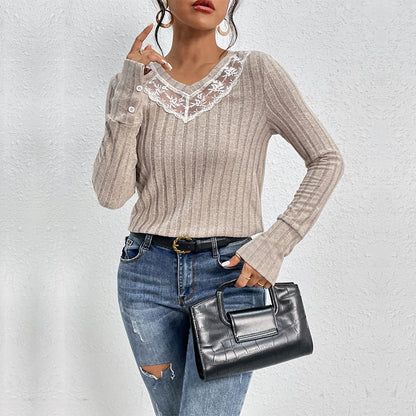 Women's Lace V-Neck Slim Fit Knitted T-Shirt with Patchwork