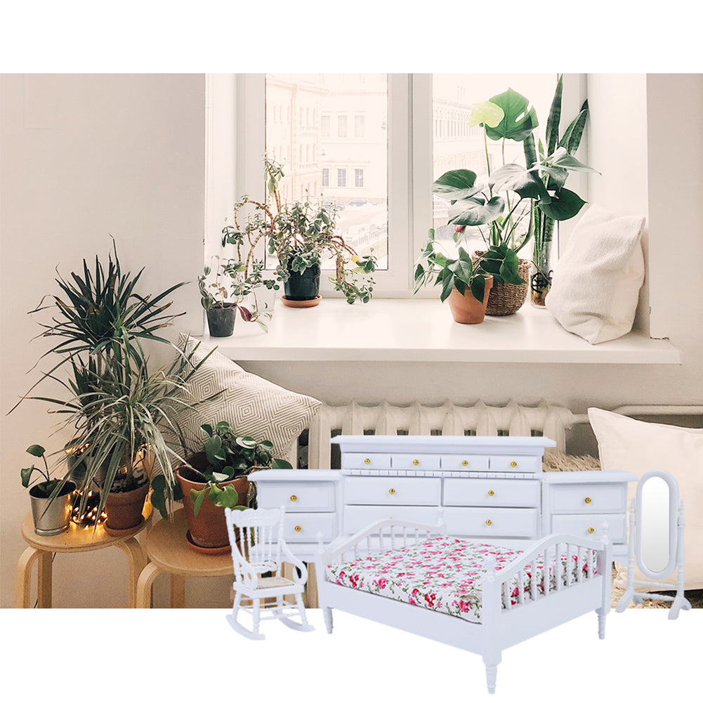 1:12 6pcs Mini Wooden White Bedroom Furniture Set for Dollhouse