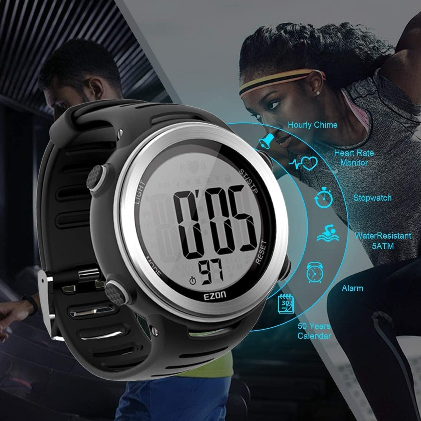 EZON T007 Heart Rate Monitor Watch | Chest Strap HRM | Waterproof Fitness Tracker with Stopwatch & Hourly Chime