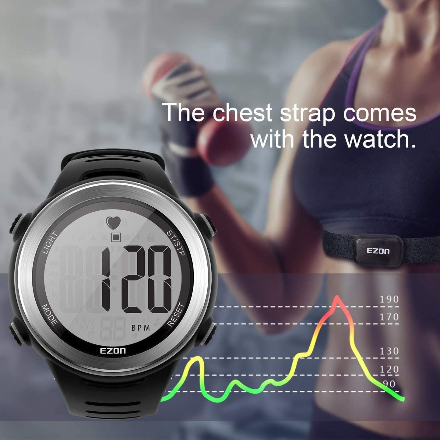 EZON T007 Heart Rate Monitor Watch | Chest Strap HRM | Waterproof Fitness Tracker with Stopwatch & Hourly Chime