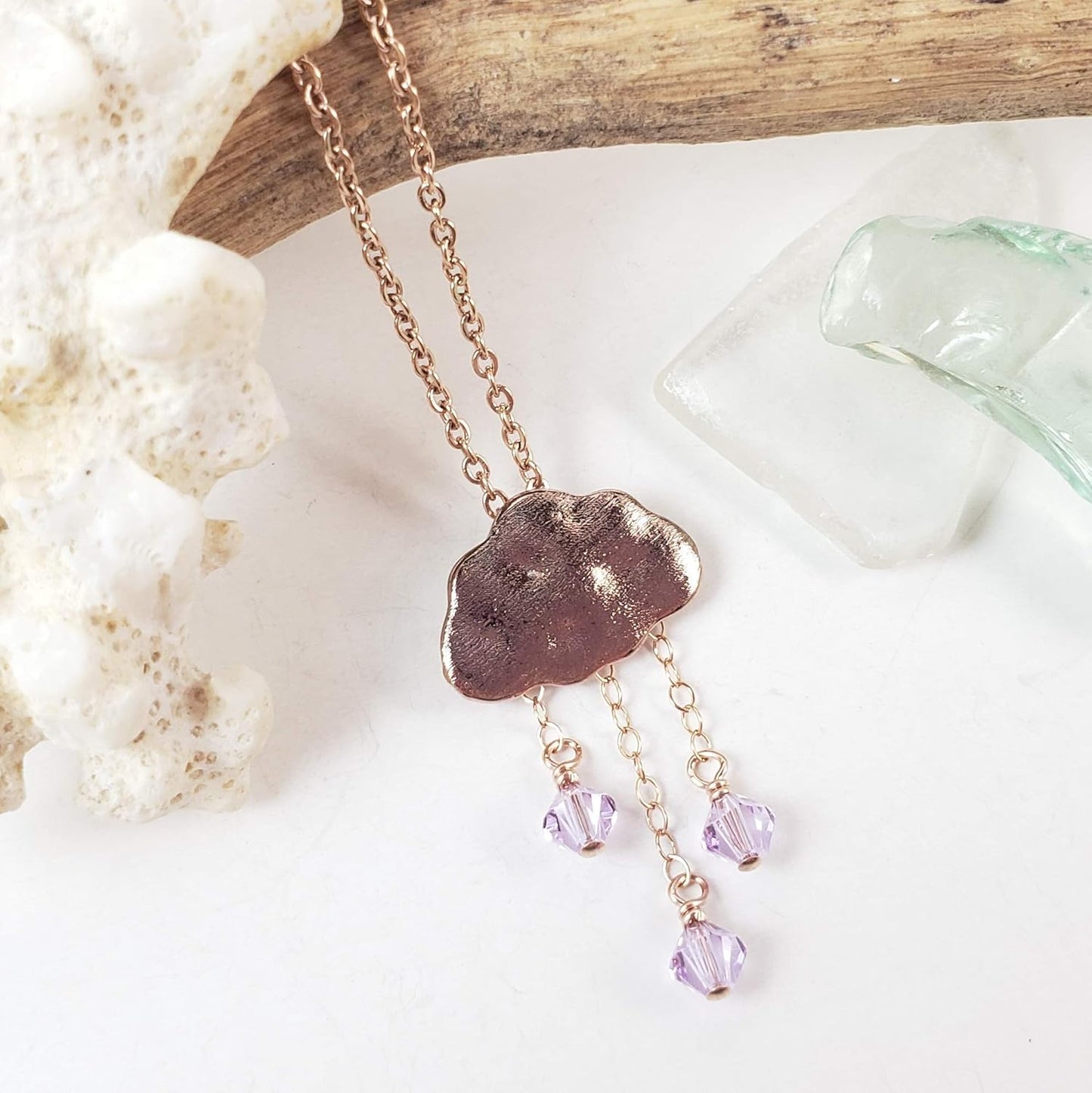 Rain cloud raindrop necklace in rose gold-hypoallergenic for sensitive skin, Handmade in Hawaii Beach Jewelry