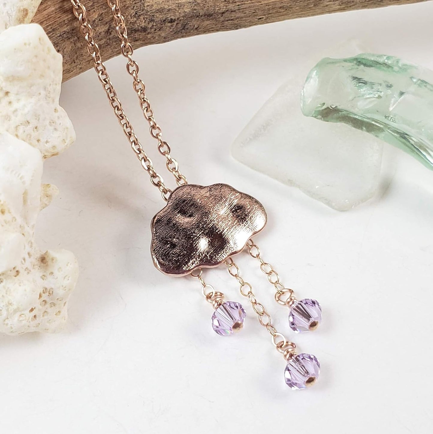 Rain cloud raindrop necklace in rose gold-hypoallergenic for sensitive skin, Handmade in Hawaii Beach Jewelry