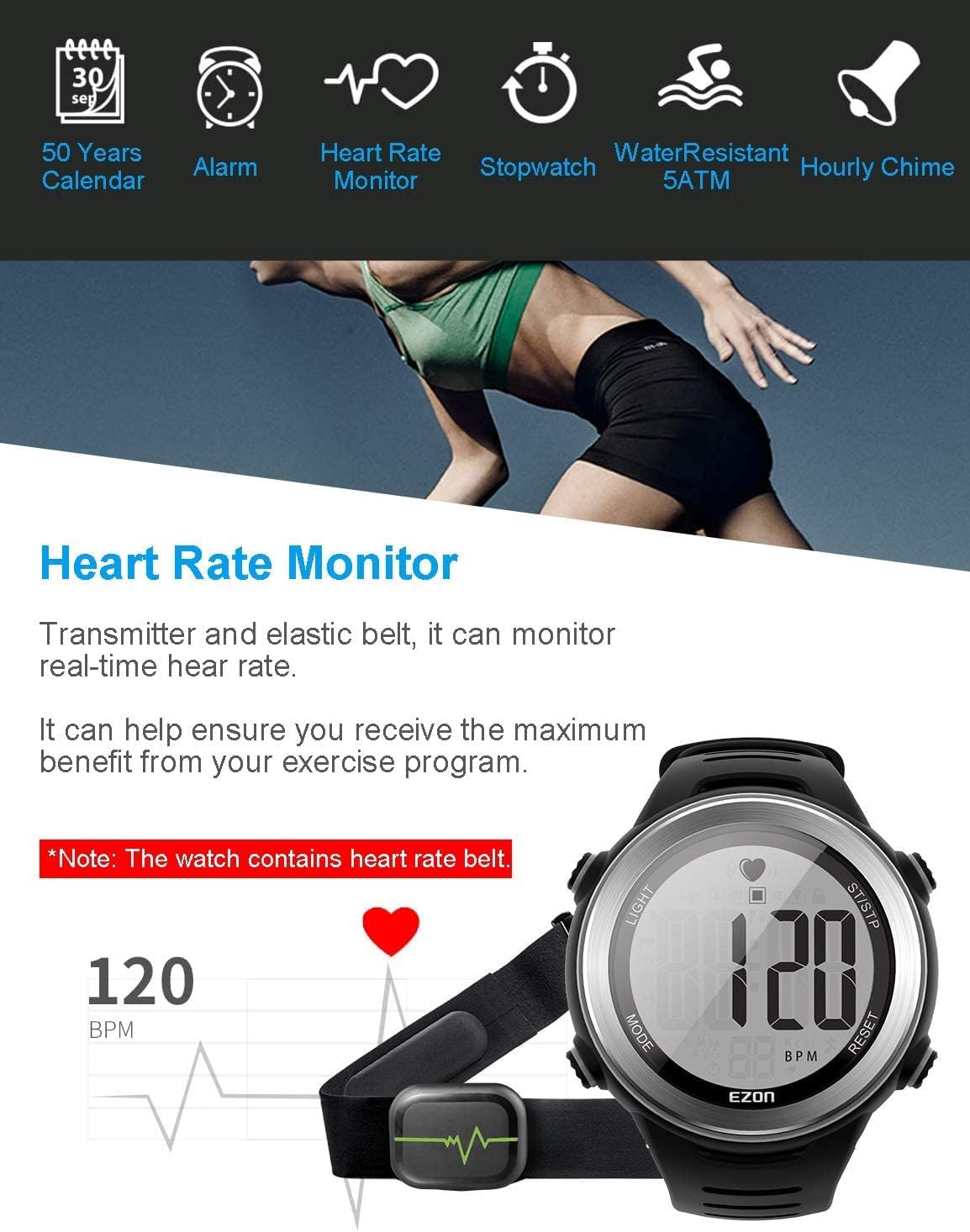 EZON T007 Heart Rate Monitor Watch | Chest Strap HRM | Waterproof Fitness Tracker with Stopwatch & Hourly Chime