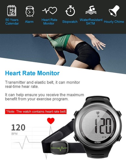 EZON T007 Heart Rate Monitor Watch | Chest Strap HRM | Waterproof Fitness Tracker with Stopwatch & Hourly Chime