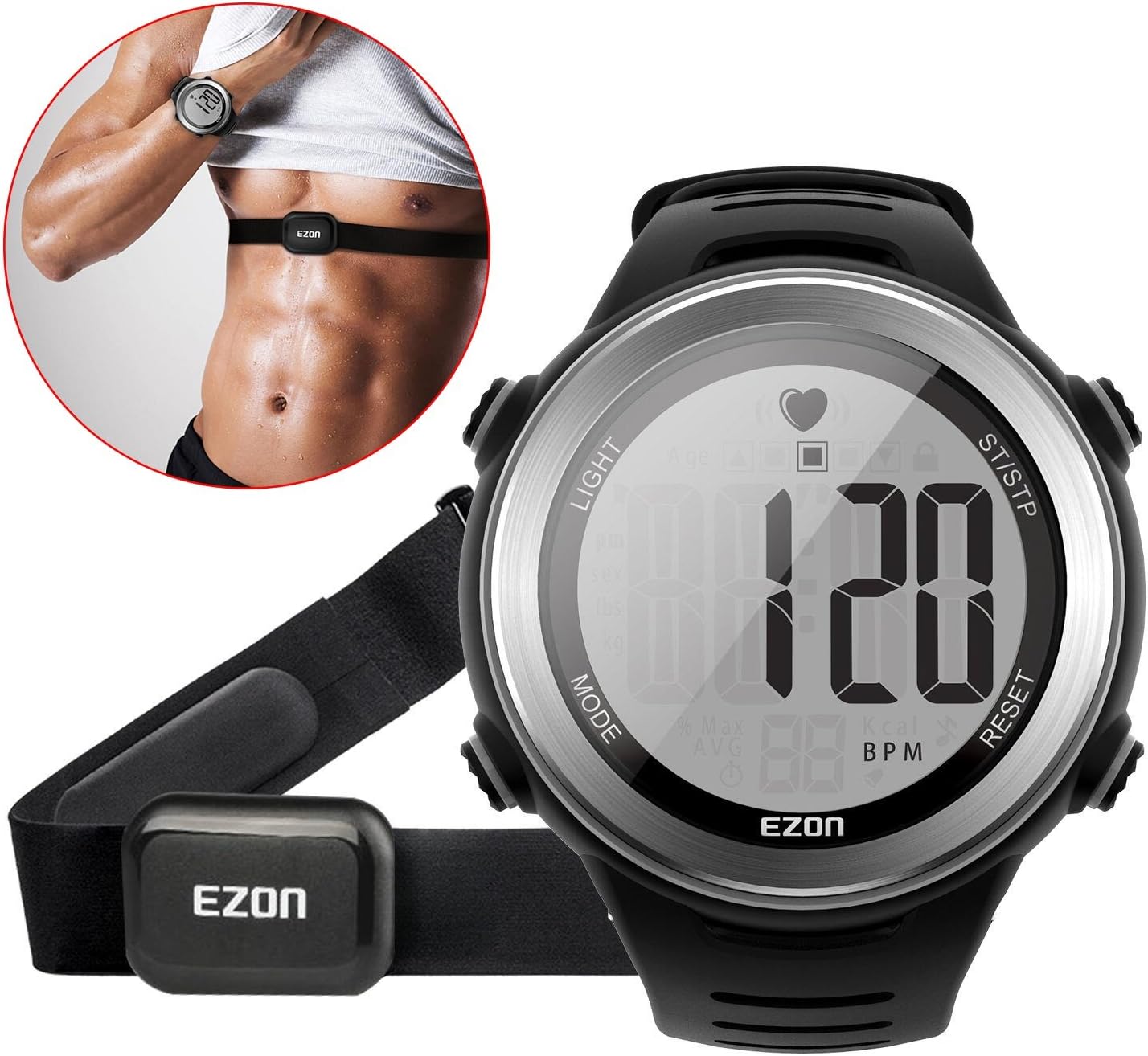 EZON T007 Heart Rate Monitor Watch | Chest Strap HRM | Waterproof Fitness Tracker with Stopwatch & Hourly Chime