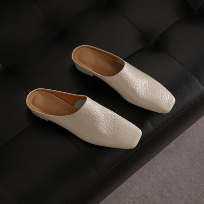 Women's Premium Full-Grain Cowhide Square Toe Mules, Low Block Heel Slip-On Backless Shoes