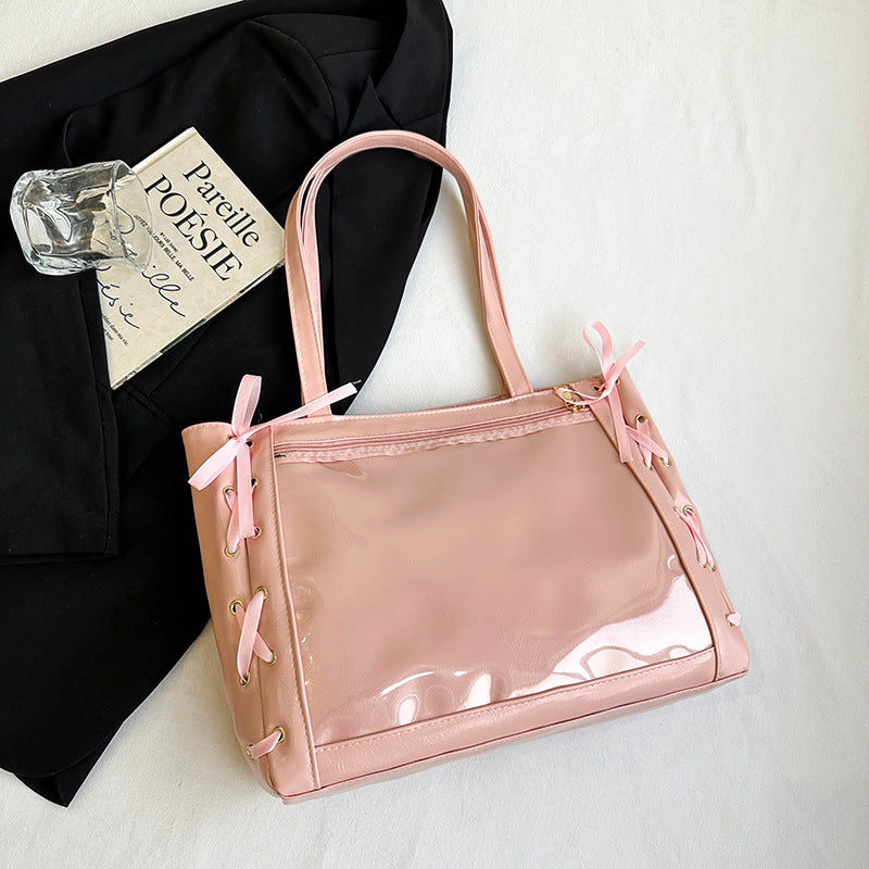Cute ribbon bow bucket shoulder bag for women with large storage