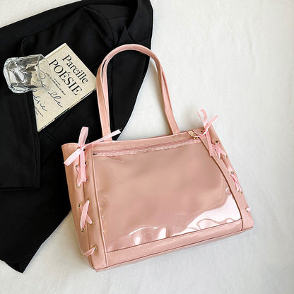 Cute ribbon bow bucket shoulder bag for women with large storage
