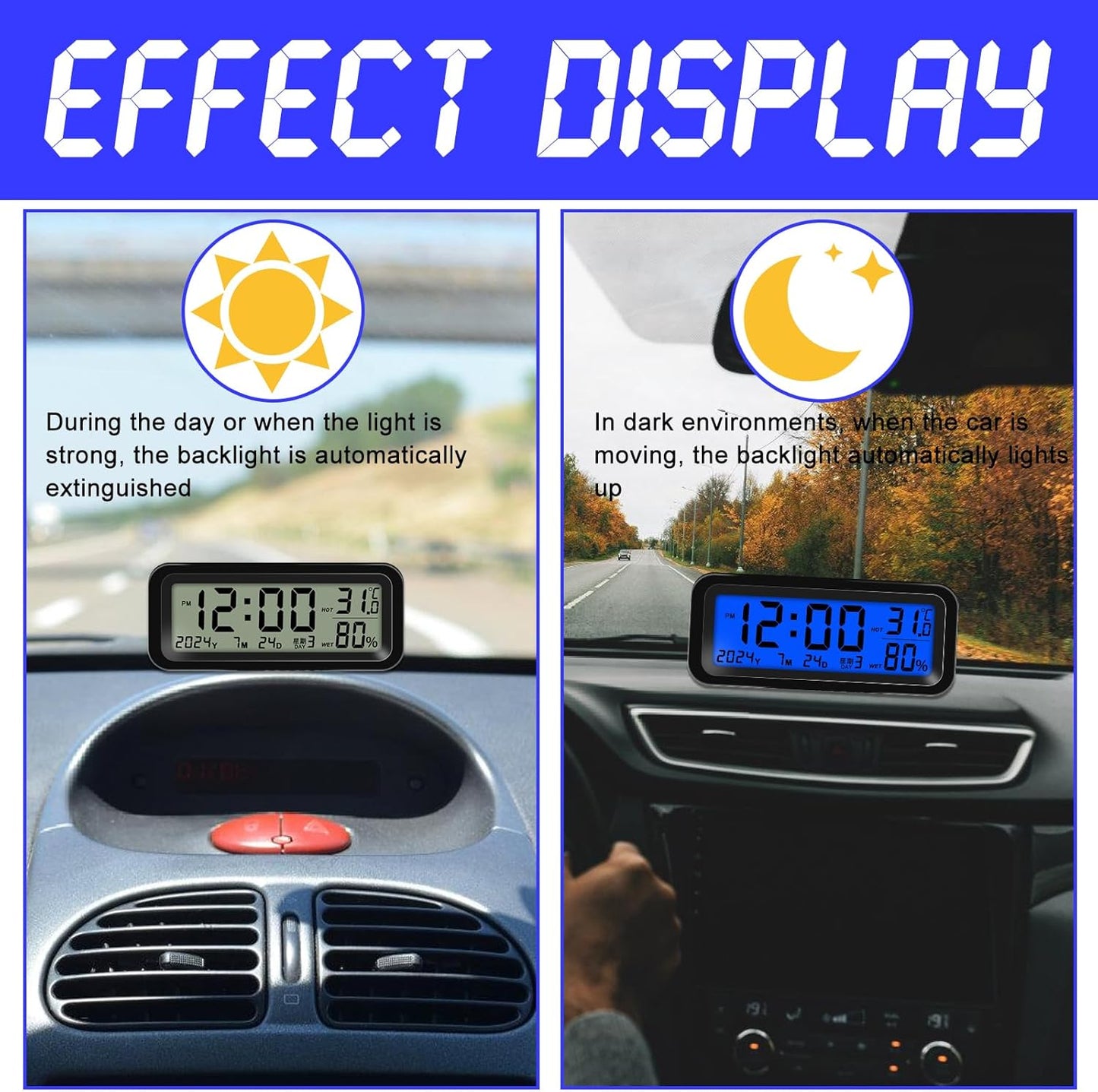 Car Digital Clock – Rechargeable Dashboard Clock with Time, Date, Temperature & Humidity Display – for Cars & Trucks