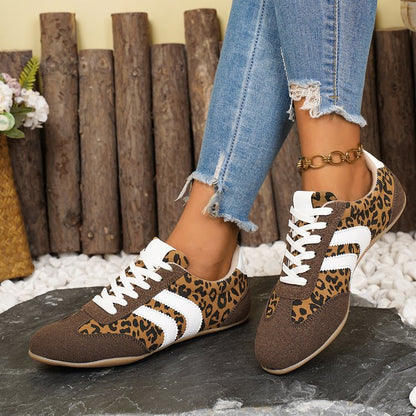 Women's soft sole leopard print sneakers - lightweight casual board shoes angle view