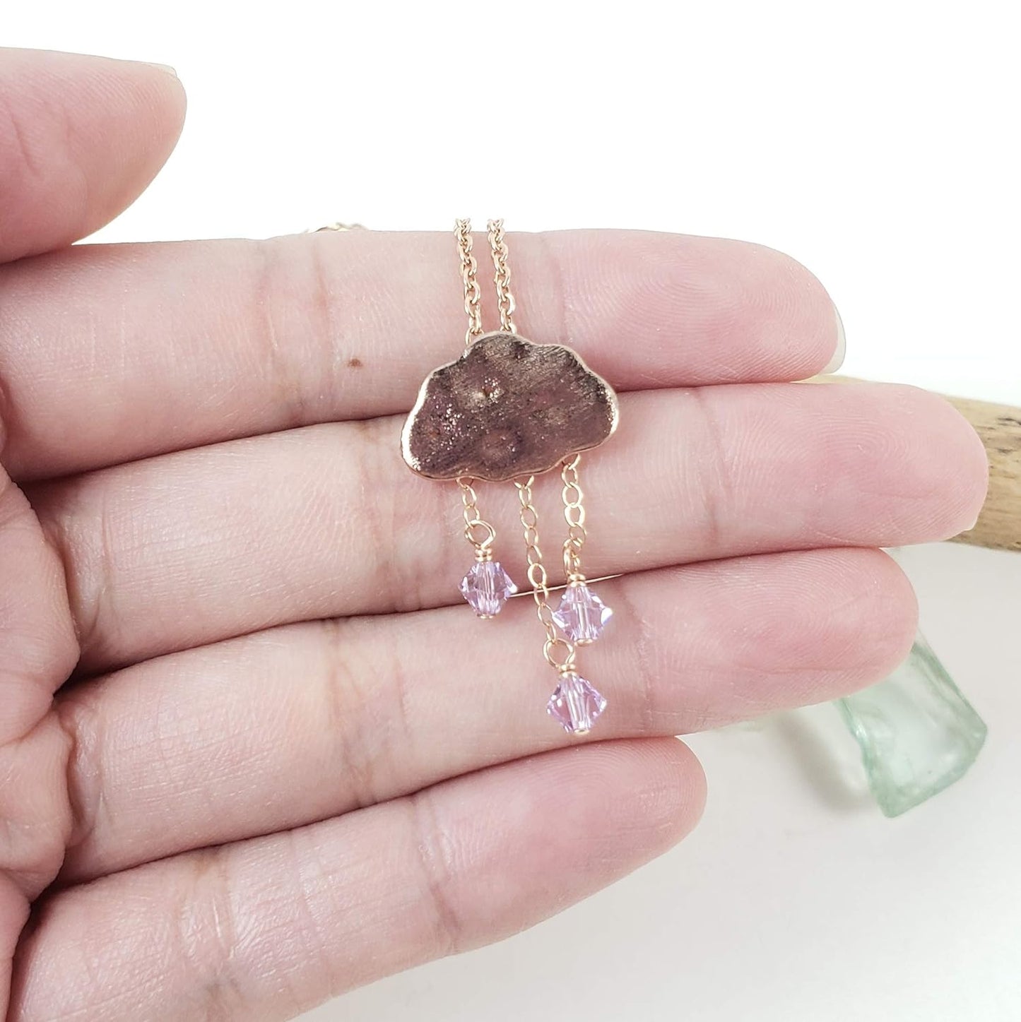 Rain cloud raindrop necklace in rose gold-hypoallergenic for sensitive skin, Handmade in Hawaii Beach Jewelry