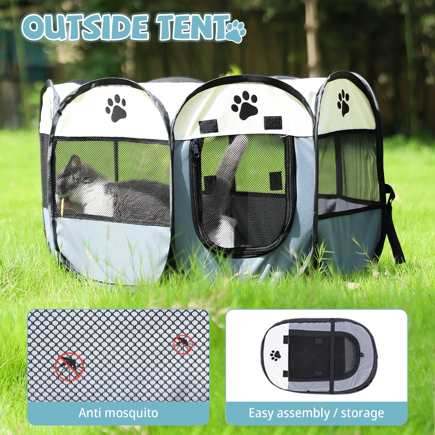 Portable Pet Playpen, Dog Playpen Foldable Pet Exercise Pen Tents Dog House Playground for Puppy Dog/Cat Indoor Outdoor Travel Camping Use Gray Small (29"X29"X17")