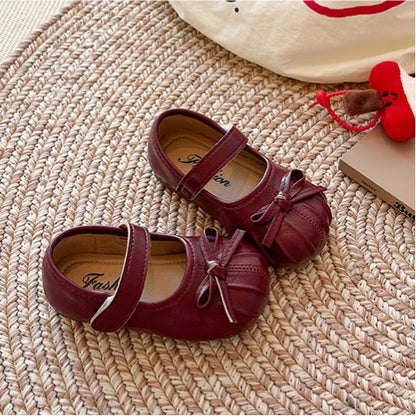 Xiaoxiangfeng Pleated Little Leather Shoes, Girls' Bow Princess Shoes, Shallow Single Shoes