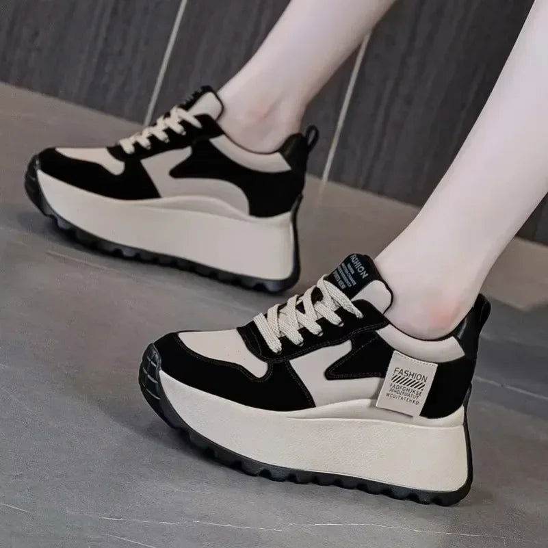 8cm Microfiber Leather Platform Wedge Fashion Women Spring Autumn Chunky Sneakers Shoes Breathable Comfortable Vulcanize