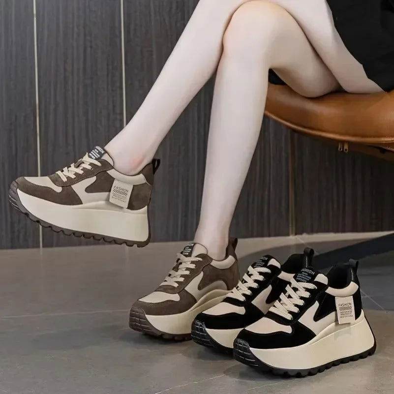 8cm Microfiber Leather Platform Wedge Fashion Women Spring Autumn Chunky Sneakers Shoes Breathable Comfortable Vulcanize