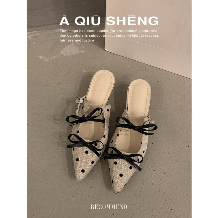 Women's Closed Toe Mules, Sweet Pointed Toe Bow Polka Dot Wedge Slippers 2026 New Elegant Casual Shoes