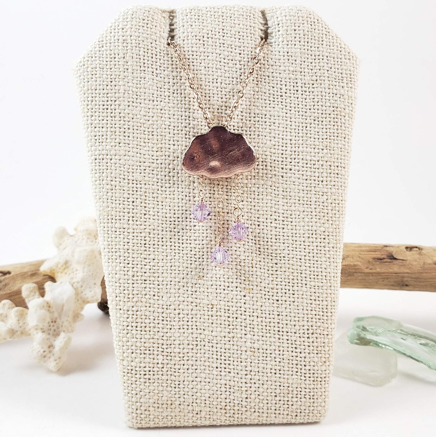 Rain cloud raindrop necklace in rose gold-hypoallergenic for sensitive skin, Handmade in Hawaii Beach Jewelry