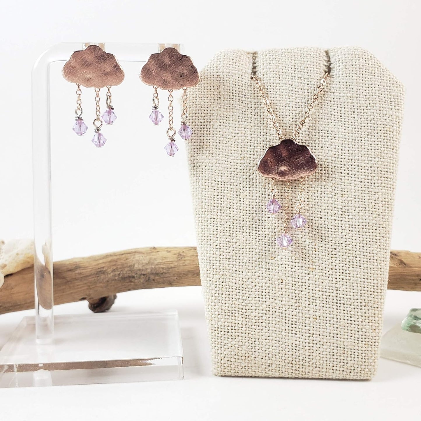 Rain cloud raindrop necklace in rose gold-hypoallergenic for sensitive skin, Handmade in Hawaii Beach Jewelry