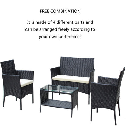 4 PC Rattan Patio Furniture Set Outdoor Patio Cushioned Seat Wicker Sofa Beige Cushion