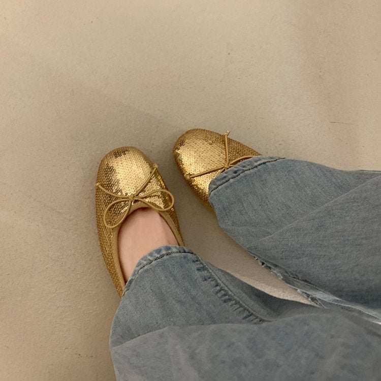 Round Toe Bow Sequin Ballet Flats, Low Cut Slip-on French Style Casual Flat Shoes