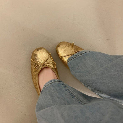 Round Toe Bow Sequin Ballet Flats, Low Cut Slip-on French Style Casual Flat Shoes