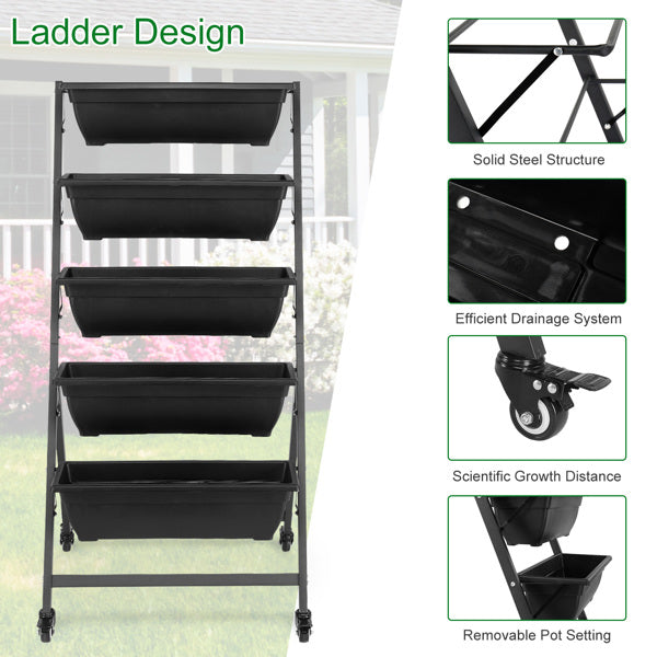 65x60x130cm 5 Layers With Wheels Black PE Planter Pot