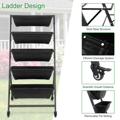 65x60x130cm 5 Layers With Wheels Black PE Planter Pot