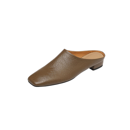 Women's Premium Full-Grain Cowhide Square Toe Mules, Low Block Heel Slip-On Backless Shoes