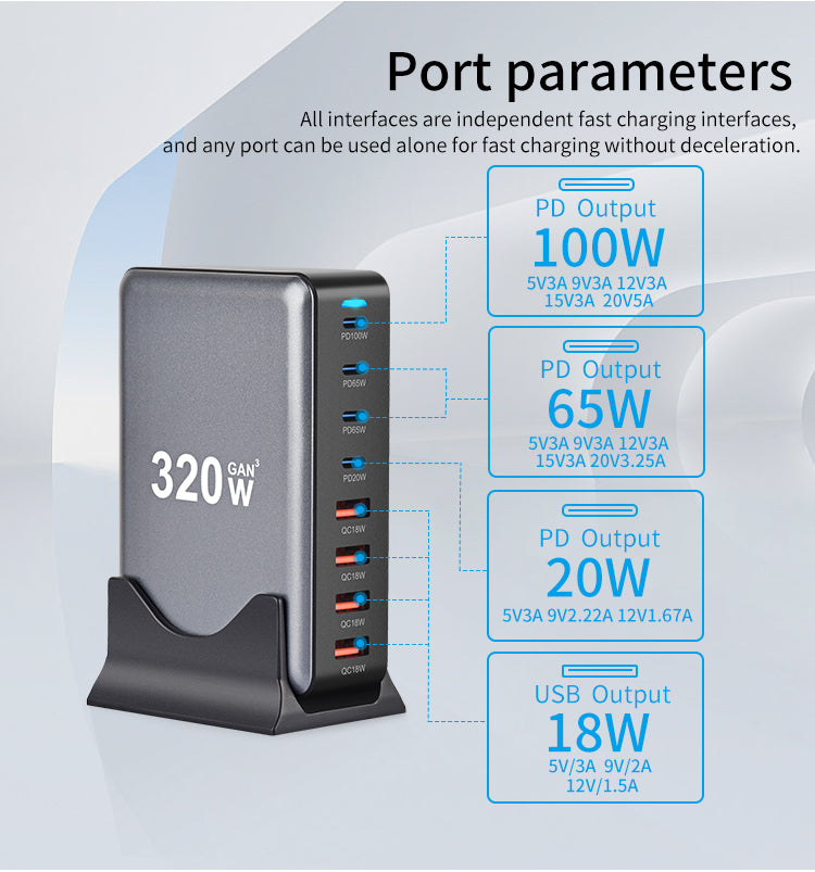 320W GaN USB-C Fast Charger – 8-Port PD & QC 3.0 Hub for iPhone 15/14, Samsung & More