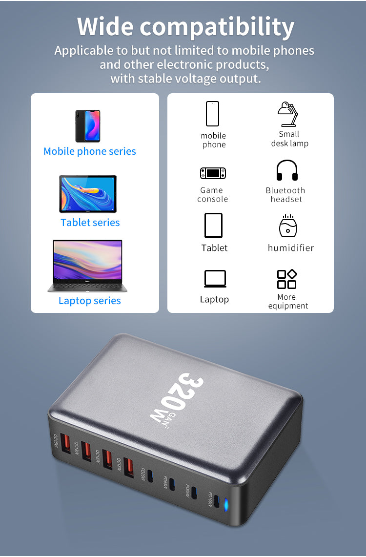 320W GaN USB-C Fast Charger – 8-Port PD & QC 3.0 Hub for iPhone 15/14, Samsung & More