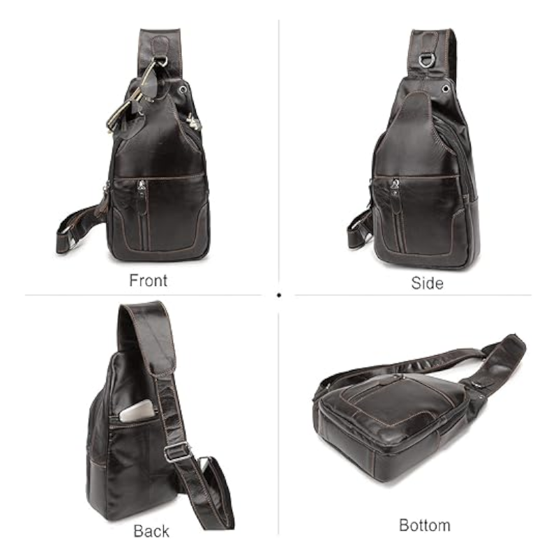 Elosung Black Men's Leather Sling Backpack Casual Crossbody Chest Bag