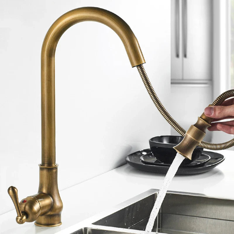 Brass pull out kitchen tap with single lever and extendable sprayer