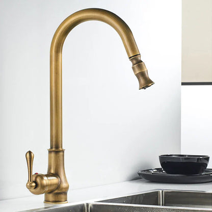 Brass pull out kitchen tap with single lever and extendable sprayer