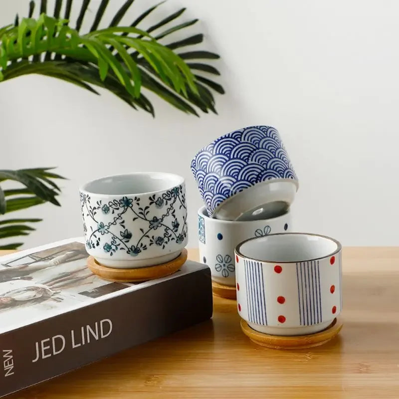 Ceramic succulent planter bamboo tray for stylish indoor plant décor


