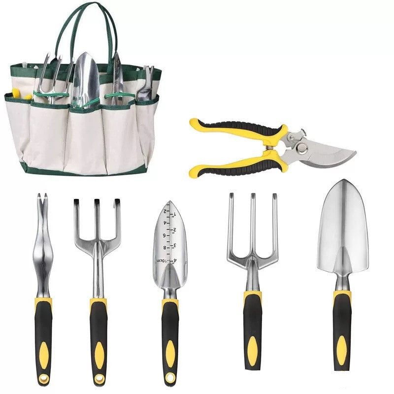 Complete garden tools 8 piece set with trowel, gloves, pruner and accessories

