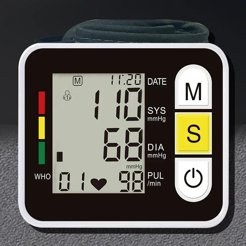 Digital wrist blood pressure monitor with LCD display for heart rate and pulse