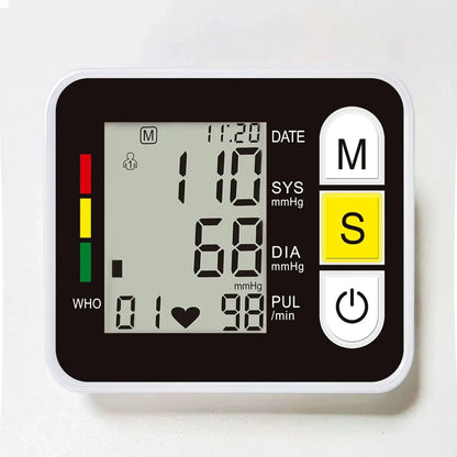 Digital wrist blood pressure monitor with LCD display for heart rate and pulse