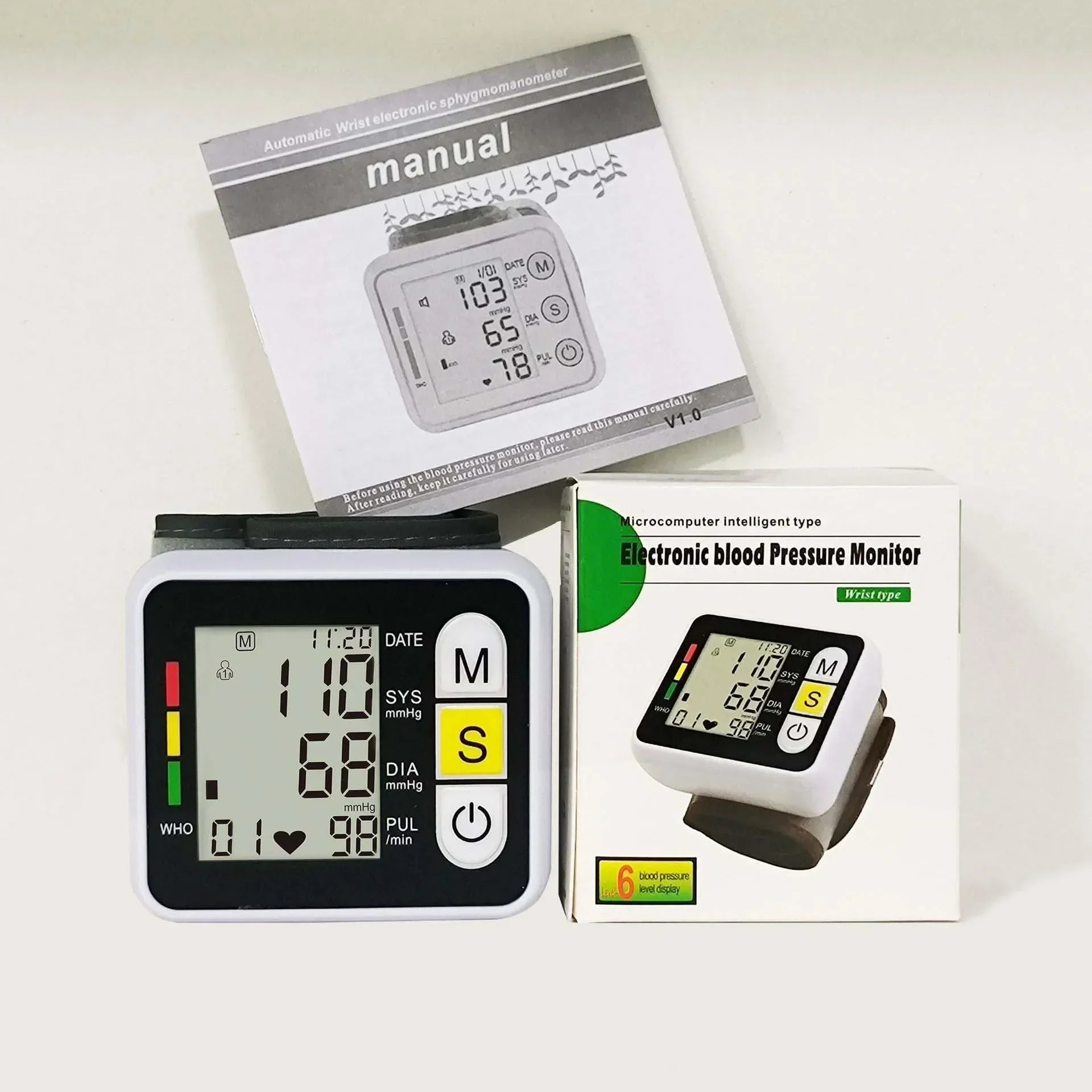 Digital wrist blood pressure monitor with LCD display for heart rate and pulse