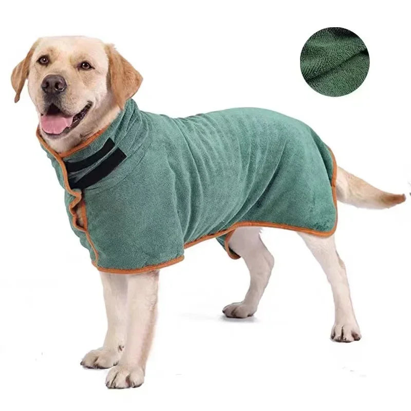Dog wearing soft absorbent dog bathrobe towel after bath
