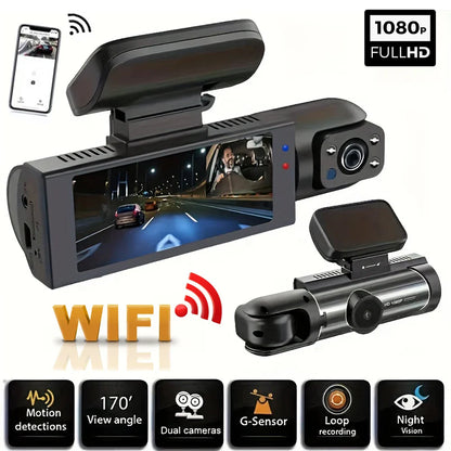 Dual camera dash cam with front and rear lens for car recording