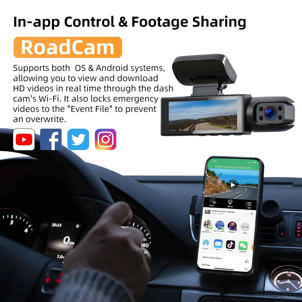 Dual camera dash cam with front and rear lens for car recording