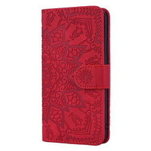 For iPhone 16e Mandala Embossed Dual-Fold Calf Leather Phone Case(Red)