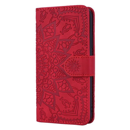 For iPhone 16e Mandala Embossed Dual-Fold Calf Leather Phone Case(Red)