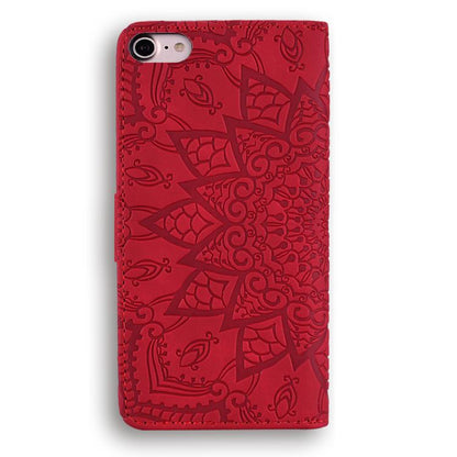 For iPhone 16e Mandala Embossed Dual-Fold Calf Leather Phone Case(Red)
